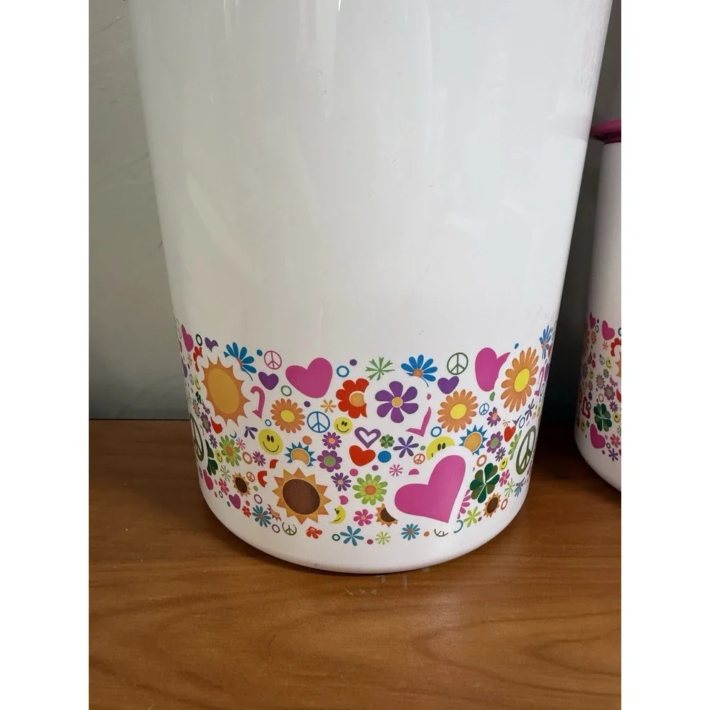 Tupperware One Touch Hippie Groovy Peace Canister Set of 4 White Pink Lids